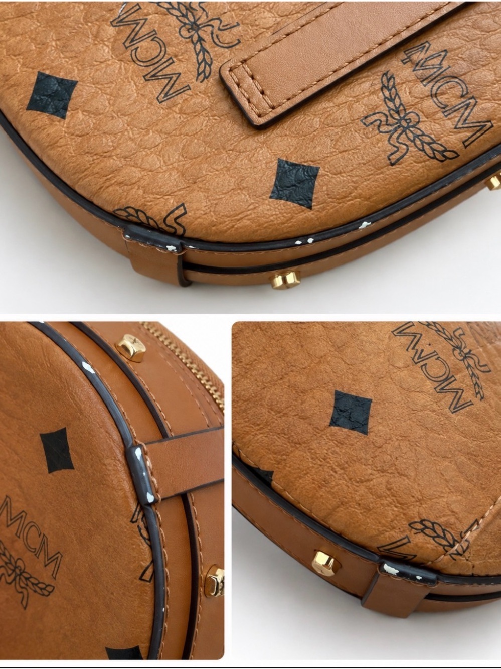 MCM Cognac Visetos Round Crossbody with Black Logo Print